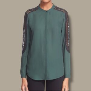 The Kooples Dark Emerald Green / Teal Blue Lace Sleeve Paneled Blouse Size 4